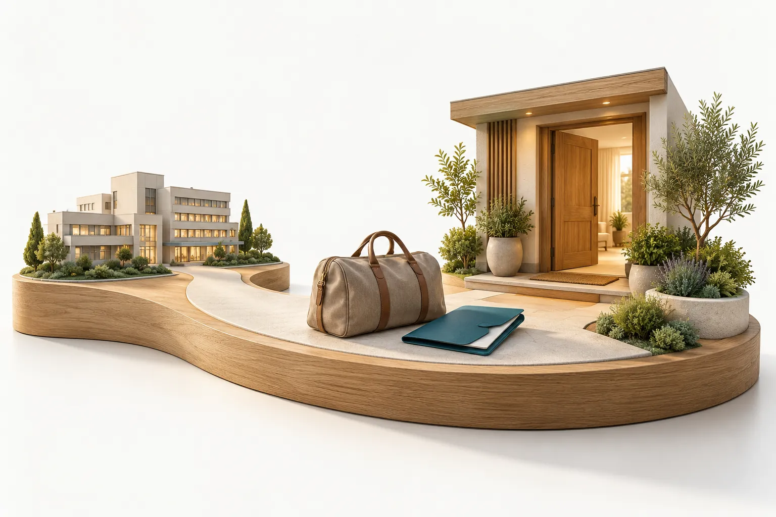 Symbolic path from a hospital building to a front door with a travel bag and documents. (AI-generated)
