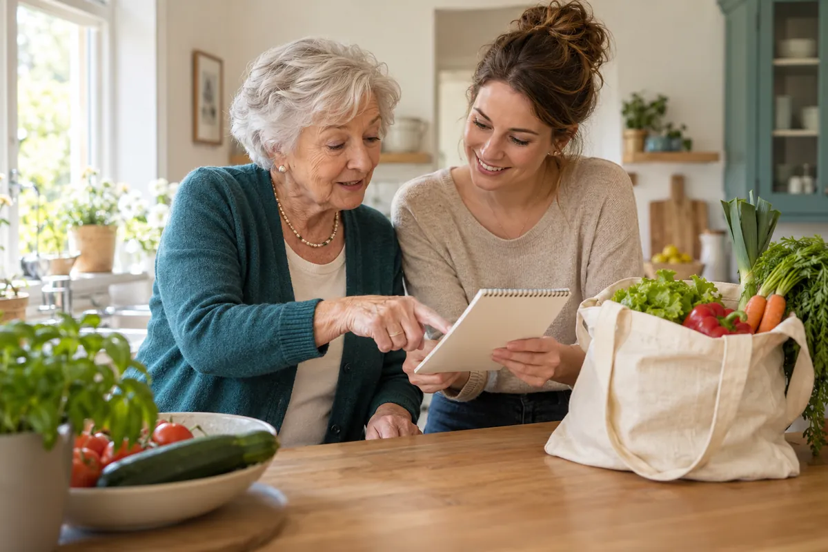 An older woman and an everyday helper go through a shopping list in the kitchen. (AI-generated)