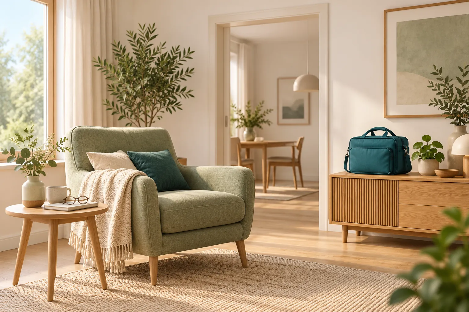Homely living room with an armchair, a notebook and a care bag on a sideboard. (AI-generated)