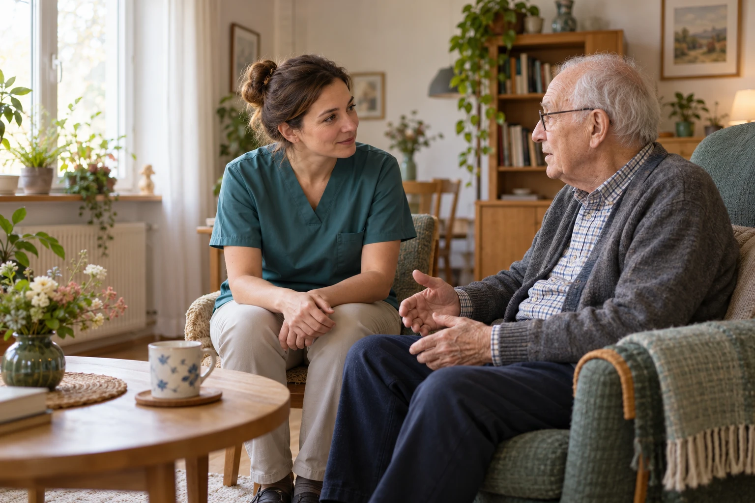 A carer in work clothes sits opposite an older man in a living room; the two are talking. (AI-generated)