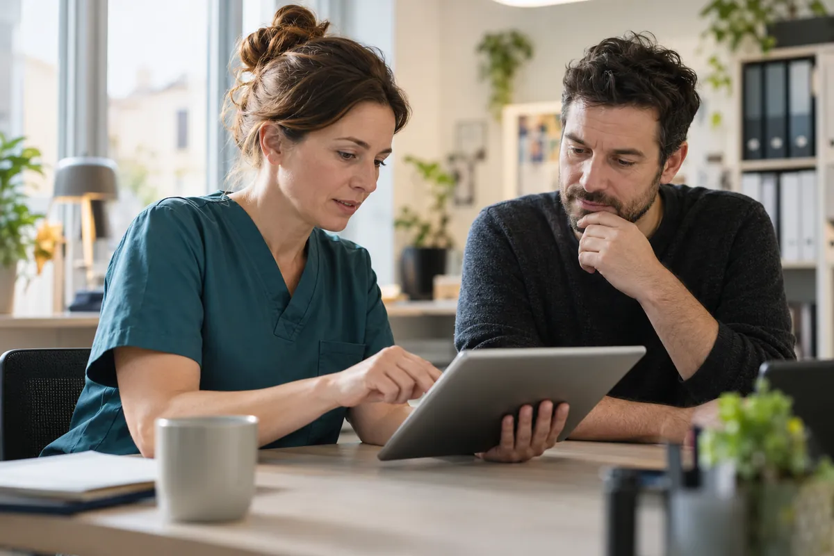 A nurse and a colleague coordinate at a tablet in an office. (AI-generated)