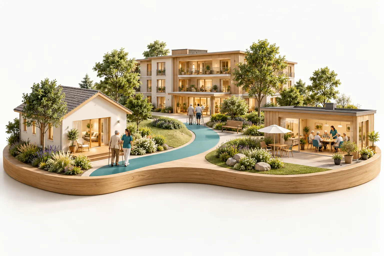 Symbolic care landscape as a model with a house, a care facility and a shared day room. (AI-generated)