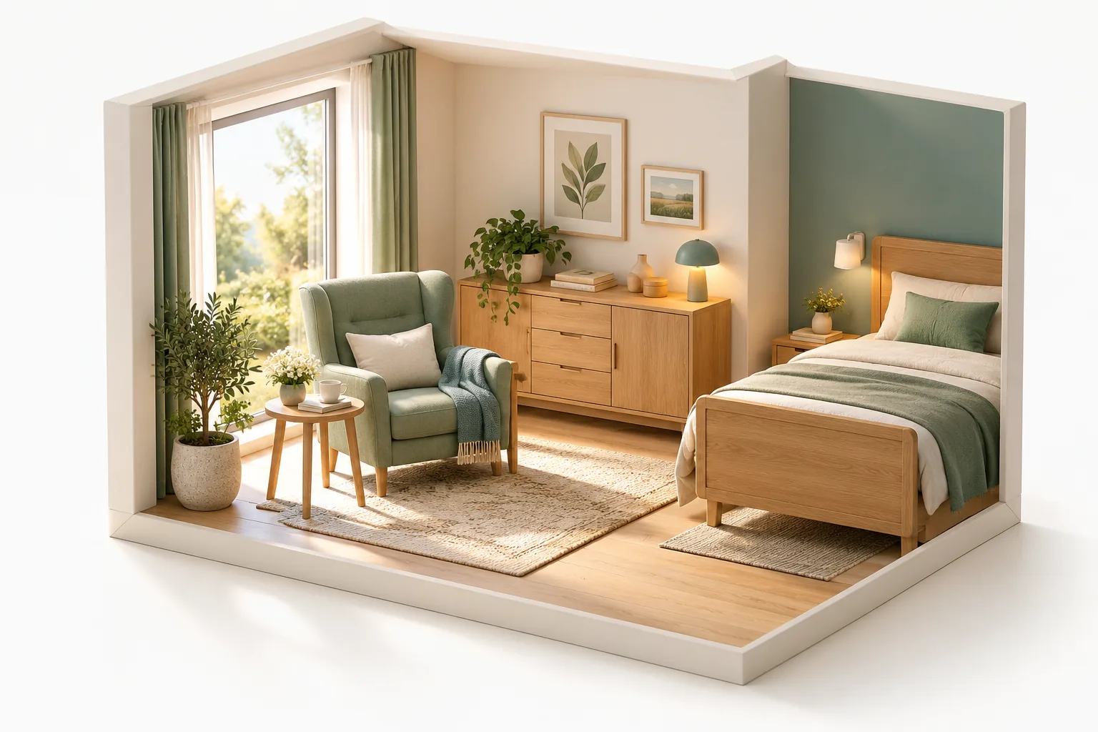 Model of a homely care room with a bed, an armchair, a chest of drawers and plants. (AI-generated)