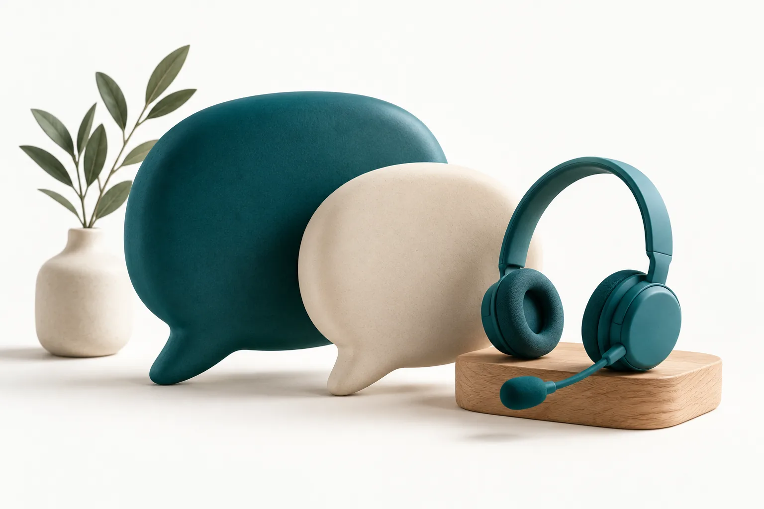 Two speech bubbles, a headset and a vase with branches as a symbol of contact and help. (AI-generated)
