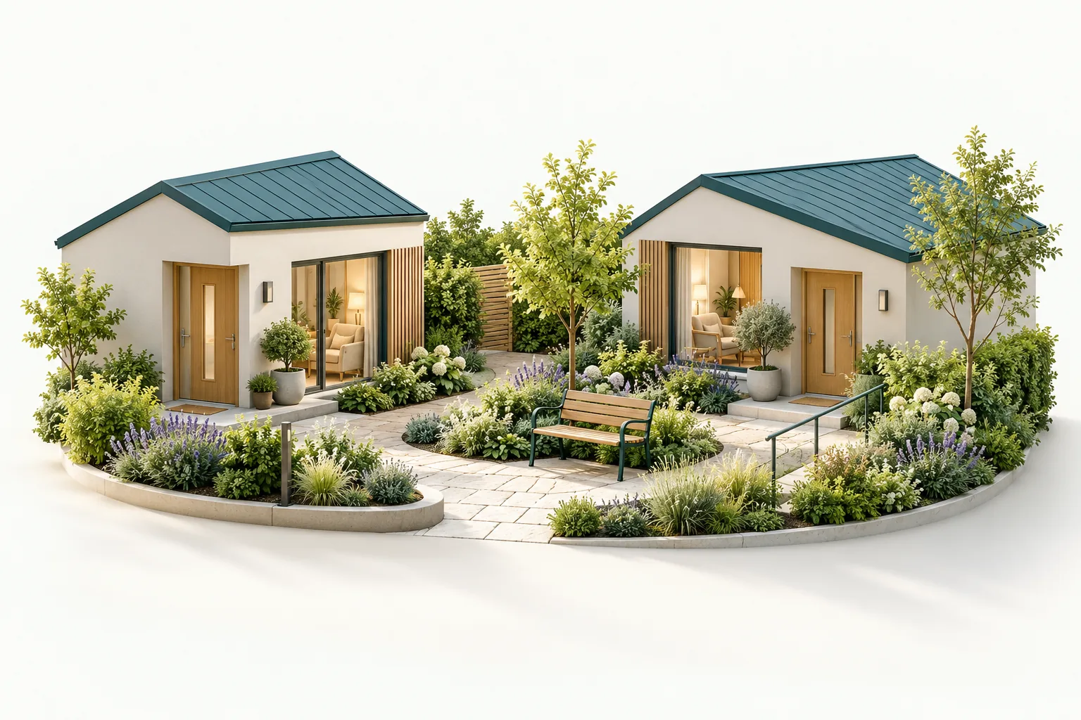 Architectural model of two small homes with a shared green courtyard. (AI-generated)