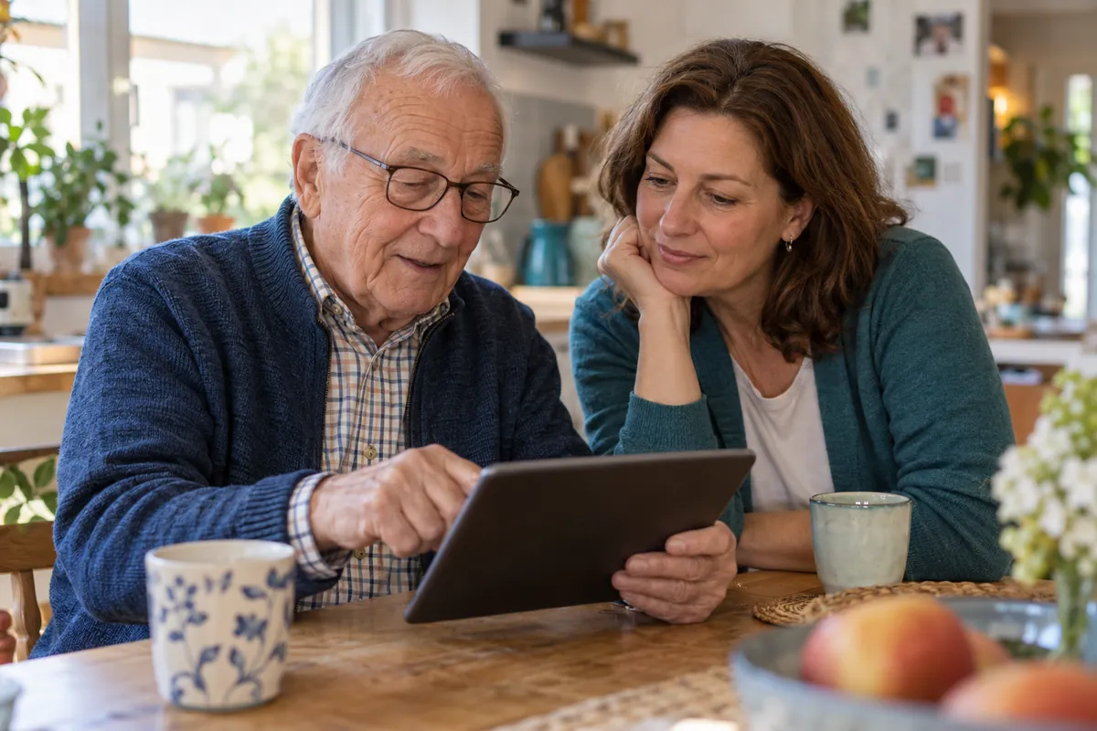 An older father and his adult daughter look at a tablet together. (AI-generated)
