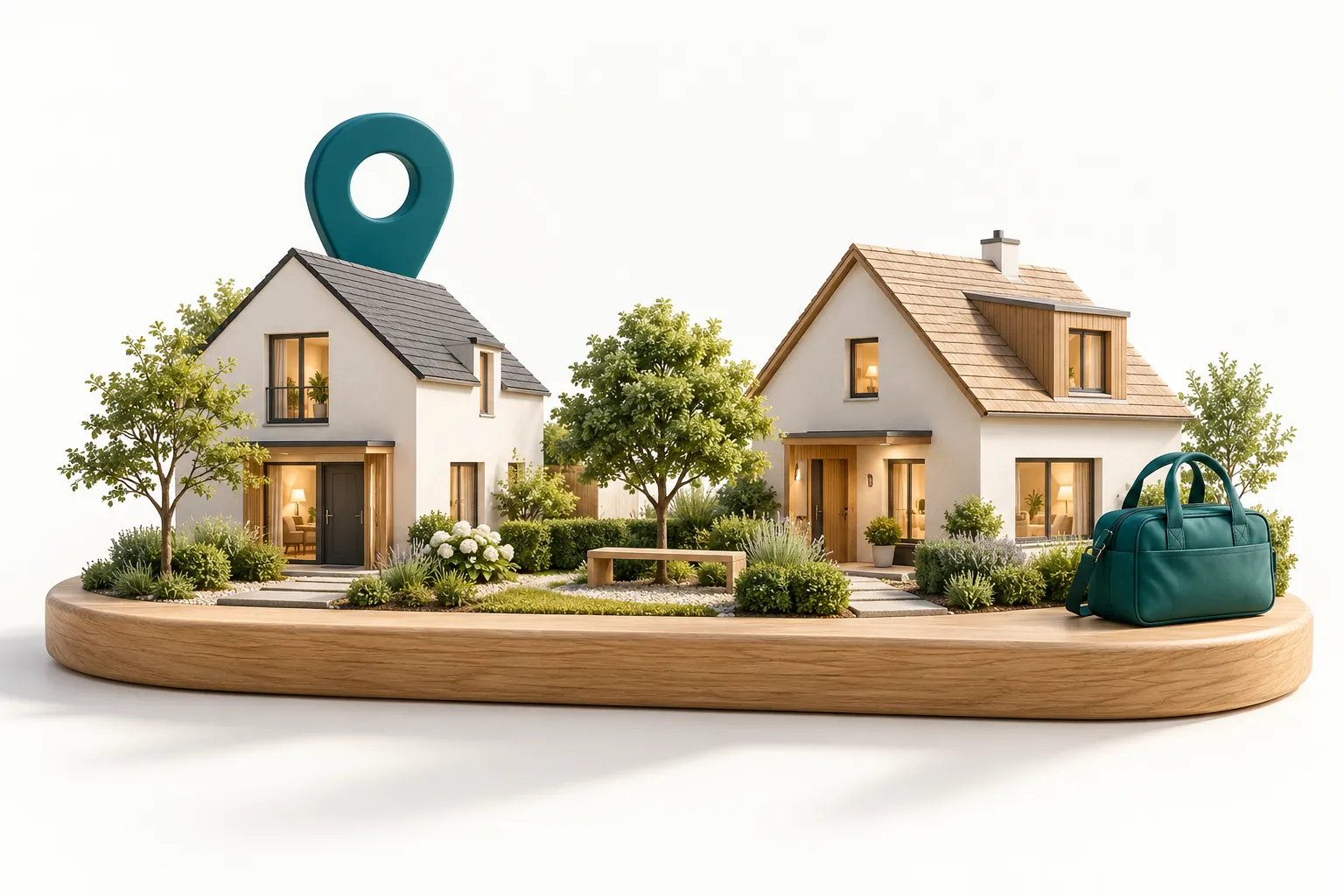 Two house models with a location marker and a care bag as a symbol of regional care. (AI-generated)