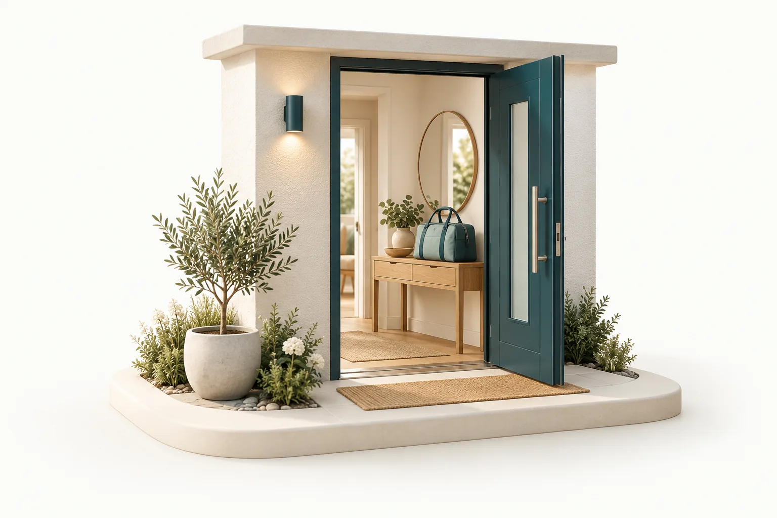 Model of an open front door with a view into a hallway, with plants in front. (AI-generated)