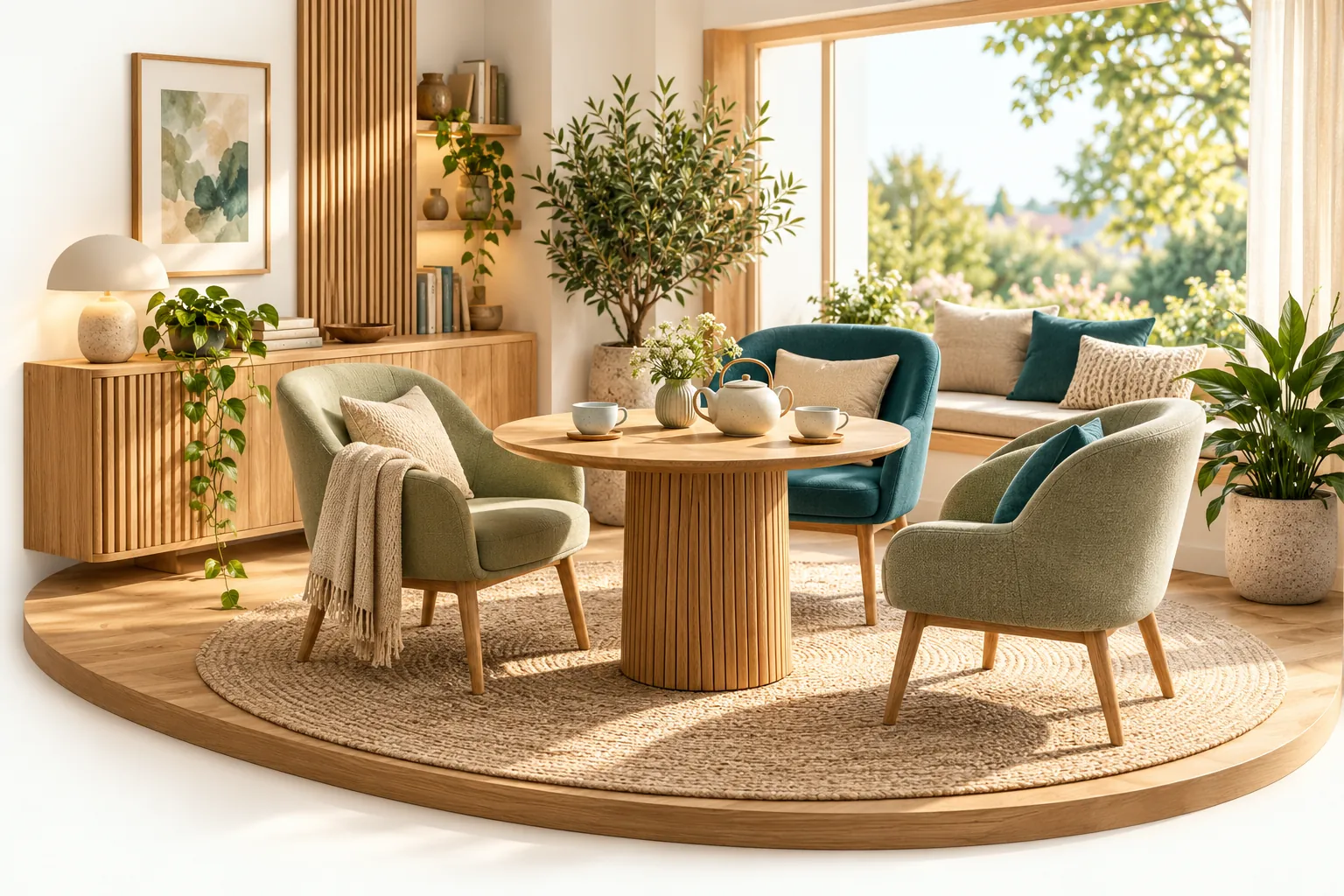 Bright shared seating area with three armchairs and a table set for tea. (AI-generated)
