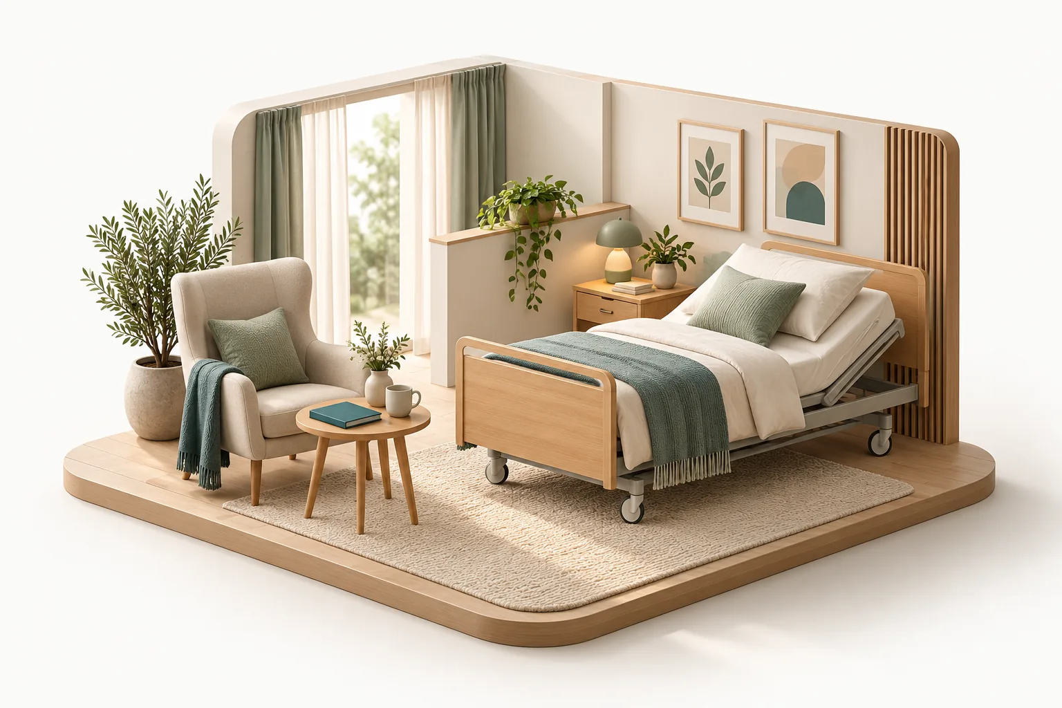 Model of a quiet care room with an adjustable care bed and an armchair for relatives. (AI-generated)