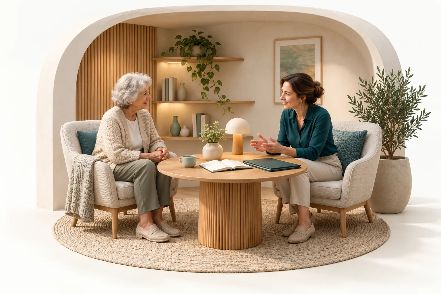 Symbolic counselling scene with two women at a round table and open documents. (AI-generated)
