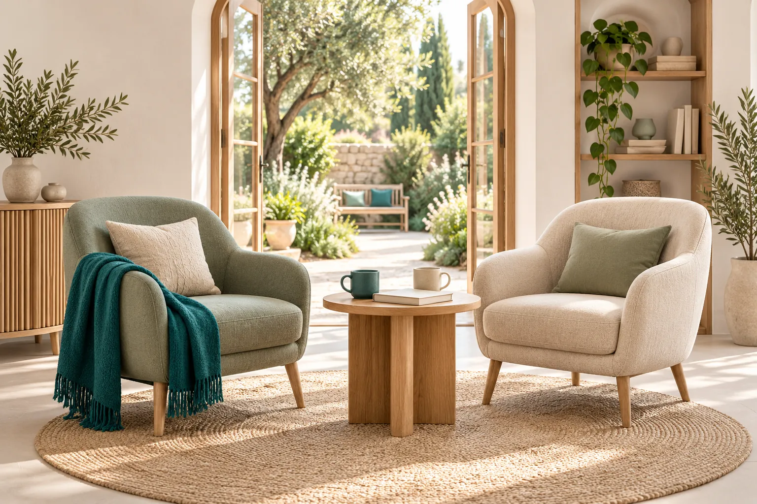 Two armchairs with a small table and a view into a sheltered garden. (AI-generated)