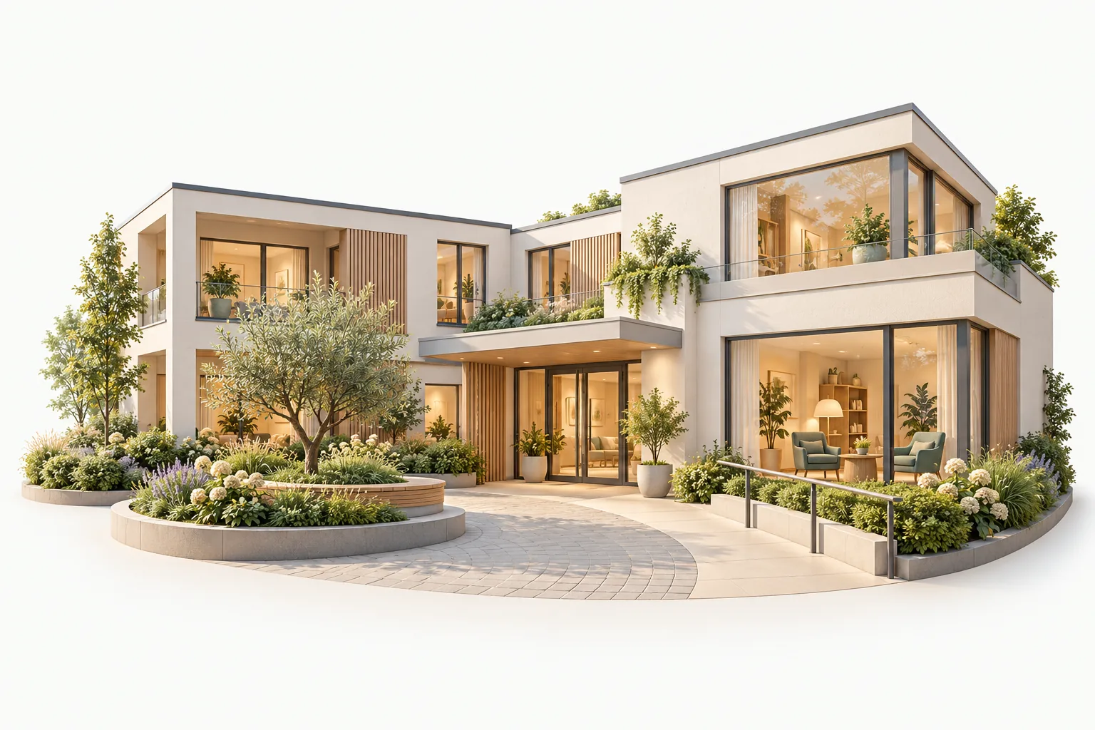 Architectural model of a modern care home with a garden and an entrance area. (AI-generated)