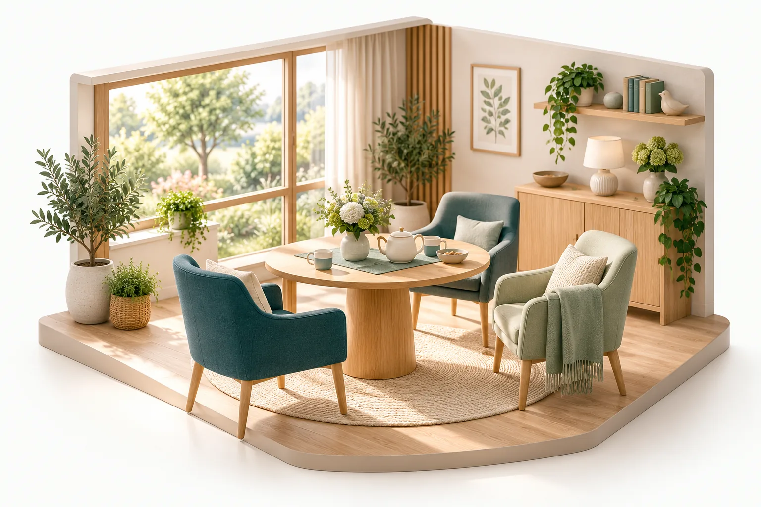 Model of a bright common room with a round table, three armchairs and a teapot. (AI-generated)