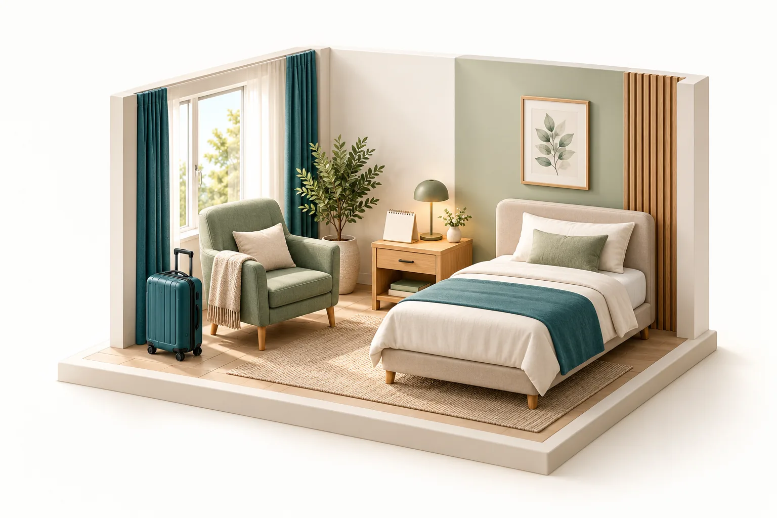Model of a homely care room with a bed, an armchair and a suitcase for a temporary stay. (AI-generated)