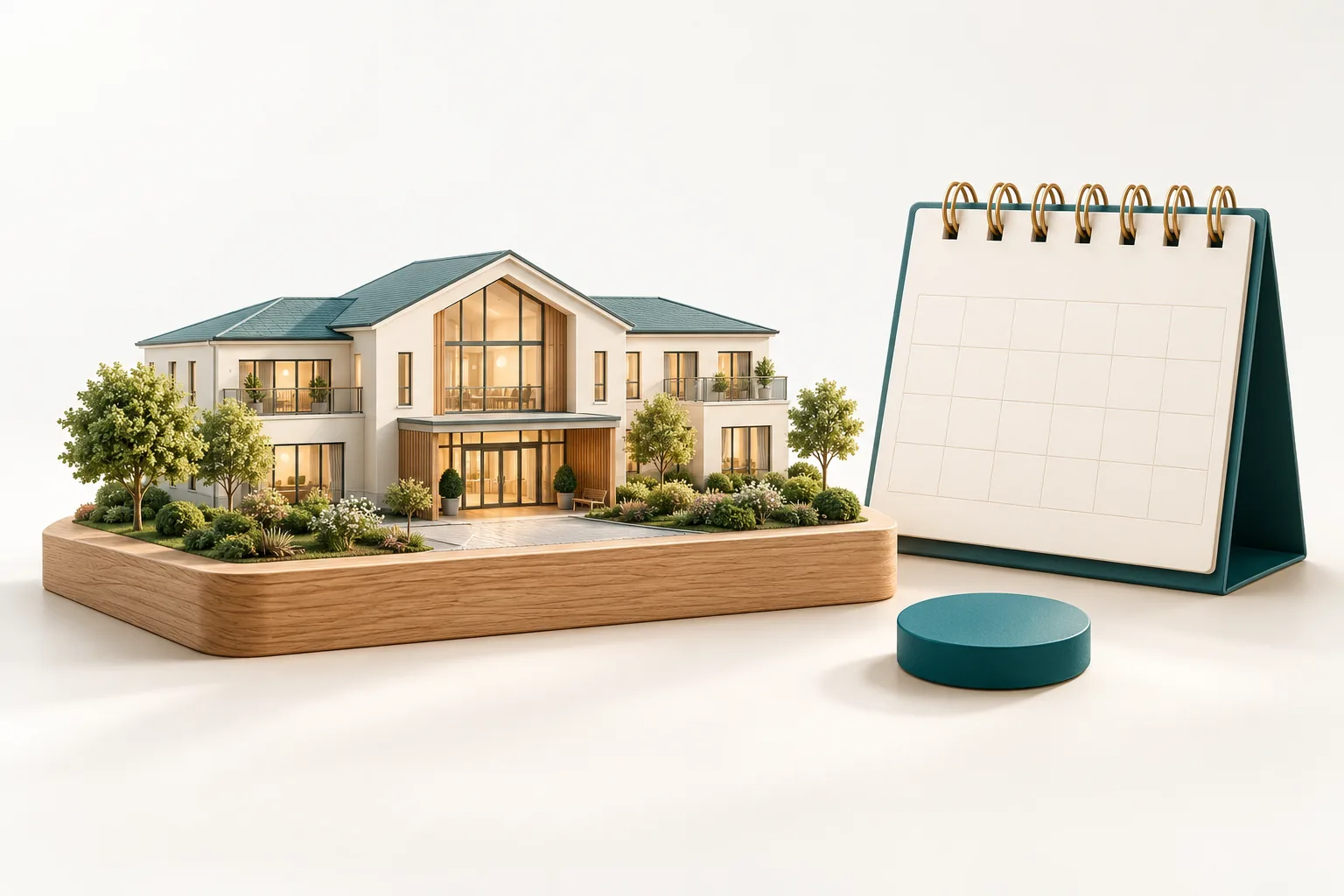 Model of a house on a wooden base next to an empty desk calendar. (AI-generated)
