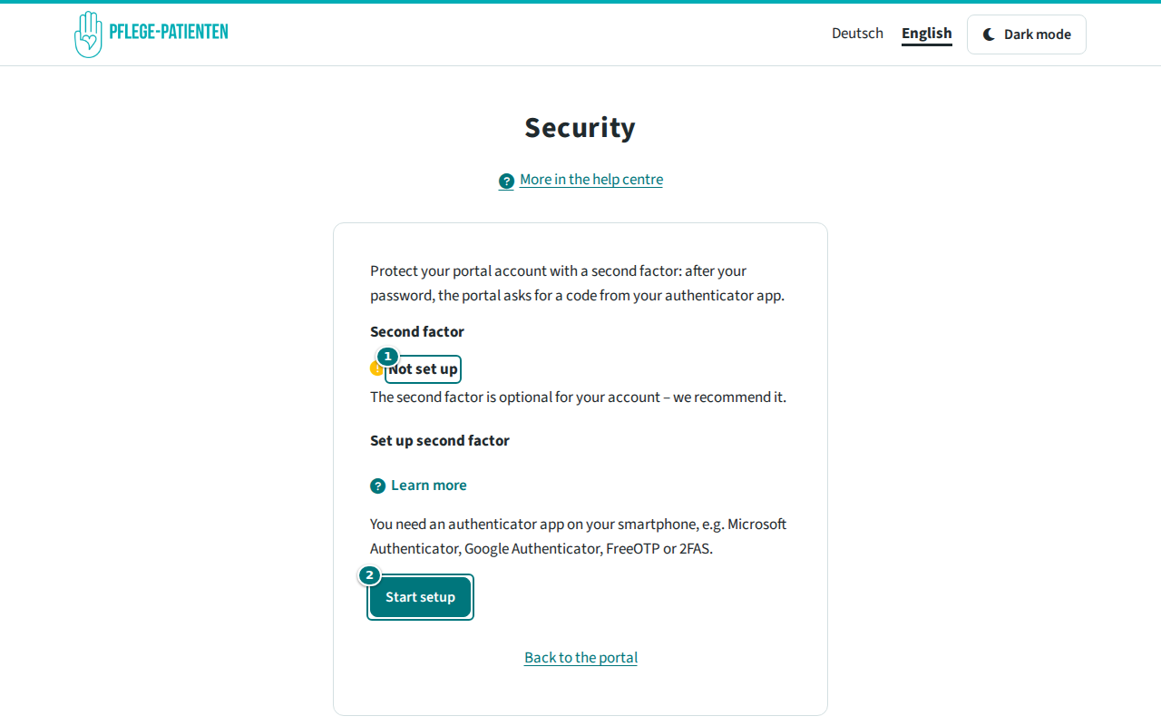 Page “Security” with the status “Not set up” and the button “Start setup”
